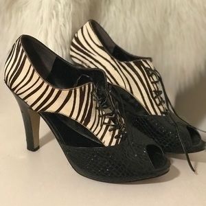 Mixed print peep toe heels